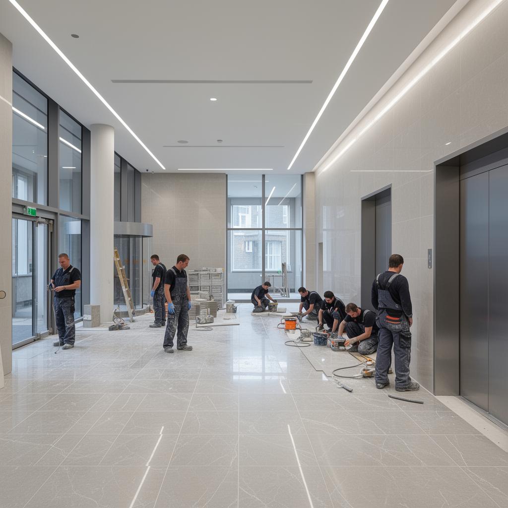 Commercial tiling installation in London office lobby Commercial tiling installation in London office lobby