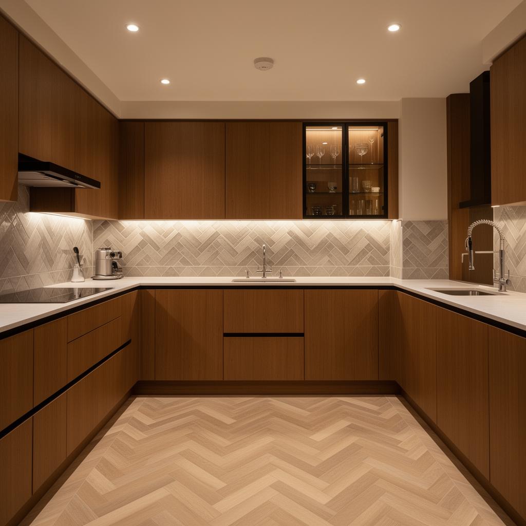 Professional tiling work in London kitchen with herringbone pattern Professional tiling work in London kitchen with herringbone pattern